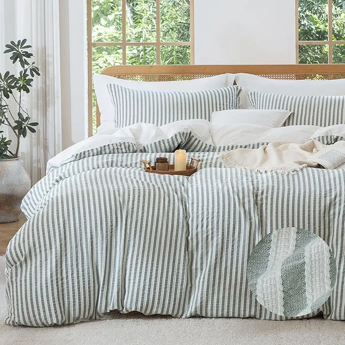 Easy-to-Use MILDLY Sage Green Striped Duvet Cover – Washed Cotton Jacquard Textured Comforter Cover with Dual Zipper Closure amp 8 Coner Ties Recyclable