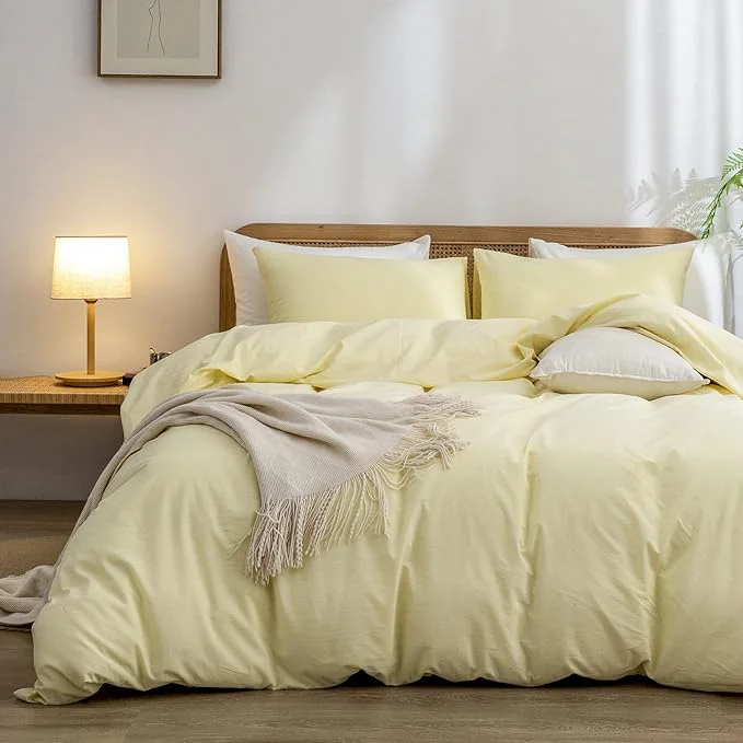 Easy-to-Use OUCH Duvet Cover Set Washed Cotton Linen Feel Super Soft Comfortable Chic Lightweight 2 PCs Home Bedding Set Solid Light Yellow Twin Twin XL Fine Crafted