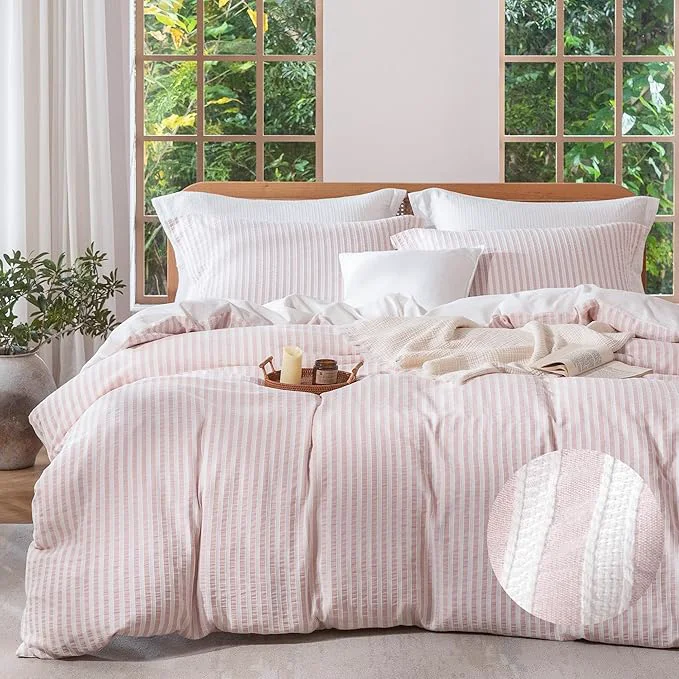 Official MILDLY Pink Striped Duvet Cover – Washed Cotton Jacquard Textured Comforter Cover with Dual Zipper Closure amp 8 Coner Ties Fine Crafted