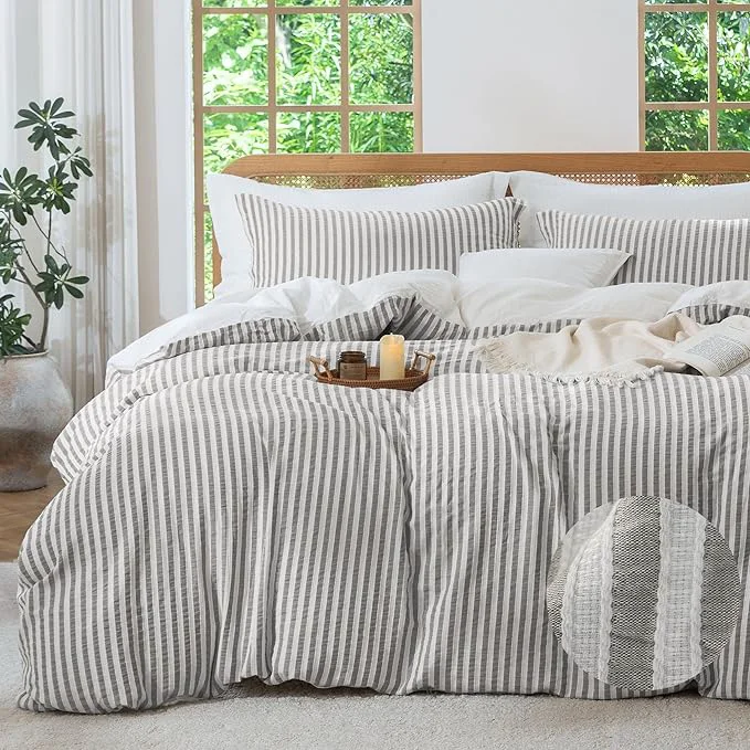 Advanced MILDLY Taupe Striped Duvet Cover – Washed Cotton Jacquard Textured Comforter Cover with Dual Zipper Closure amp 8 Coner Ties Powerful