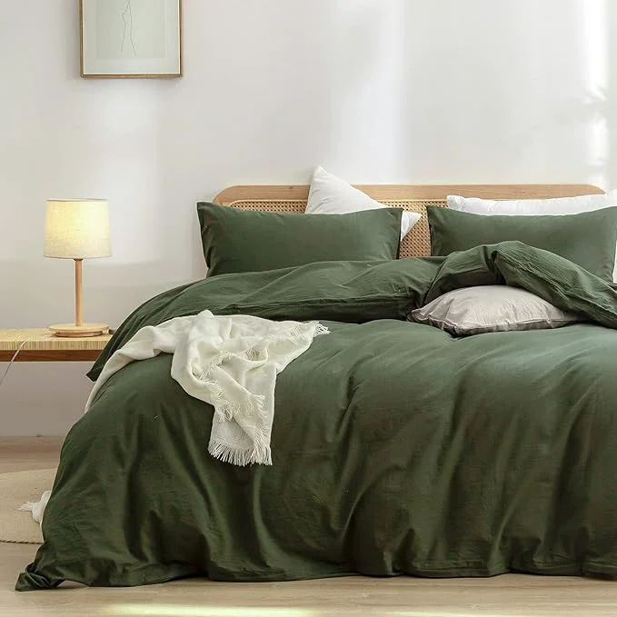 Responsible OUCH Duvet Cover Set Washed Cotton Linen Feel Super Soft Comfortable Chic Lightweight 3 PCs Home Bedding Set Solid Olive Green Super Queen Practical