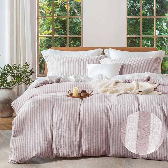 Stylish MILDLY Pale Mauve Striped Duvet Cover – Washed Cotton Jacquard Textured Comforter Cover with Dual Zipper Closure amp 8 Coner Ties Selected