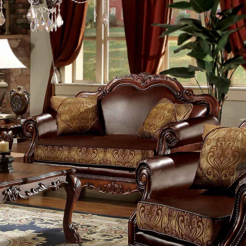 Natural Dresden – Loveseat With 2 Pillows – Brown Synthetic Leather amp Chenille Cherry Oak Proven