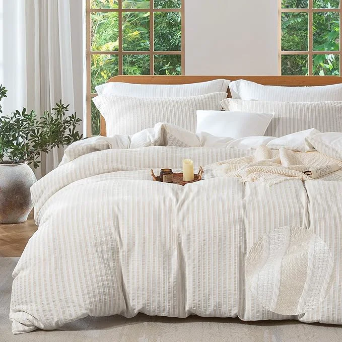 Carefully Designed MILDLY Linen Grey Striped Duvet Cover – Washed Cotton Jacquard Boho Textured Comforter Cover 3pcs with Corner Ties Zipper Closure 80 quot x90 quot Durable