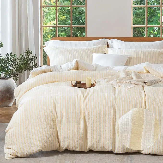 Long-Lasting MILDLY Yellow Striped Duvet Cover – Washed Cotton Jacquard Textured Comforter Cover with Dual Zipper Closure amp 8 Coner Ties Outstanding