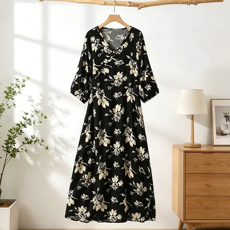 Soft Ownkoti Elegant Floral V-Neck Lounge Dress Crafted