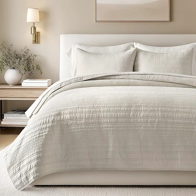 Unique EVERGRACEHOME Cotton Modern Lines Quilt Set King Size Pre-Washed Soft Striped Coverlet Bedspread 3 Piece Lightweight Bedding Set for All Season with 2 Pillow Shams Birch Clean