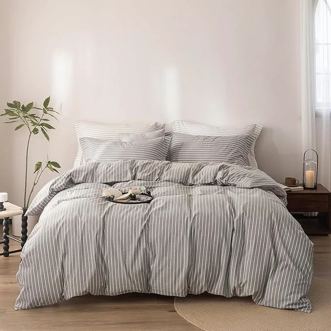 Secure Stripe Duvet Cover California King Size 104inch x 98inch Washed Cotton Linen Feel Duvet Cover with Zipper Closure and 2 Pillowcases Color of Grey-White Stripe Elegant