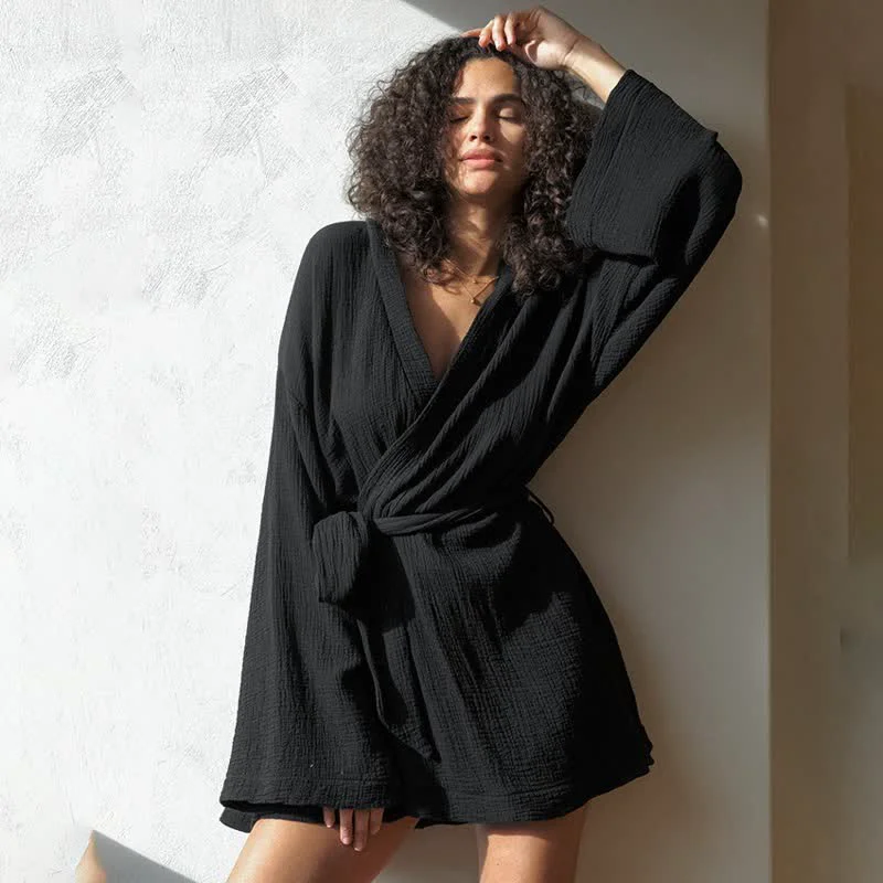 Next-Generation Ownkoti Black Cotto Kimono Short Robe Sustainable