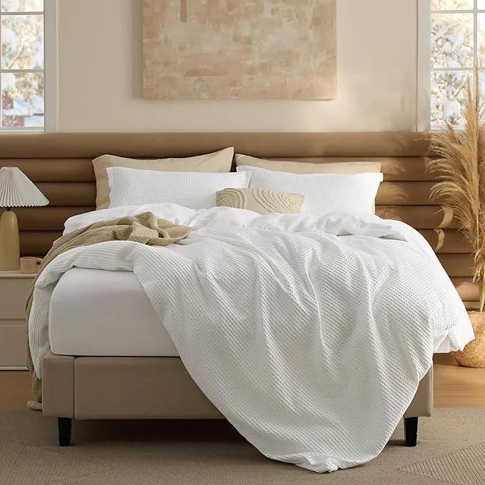 Organic Bedsure Cotton Duvet Cover Queen Size with Fitted Sheet – 4 Pieces Coconut White Waffle Weave Bedding Set GentleSoft™ and Breathable Includes 1 Duvet Cover 90×90 1 Fitted Sheet 2 Pillow Shams Trusted