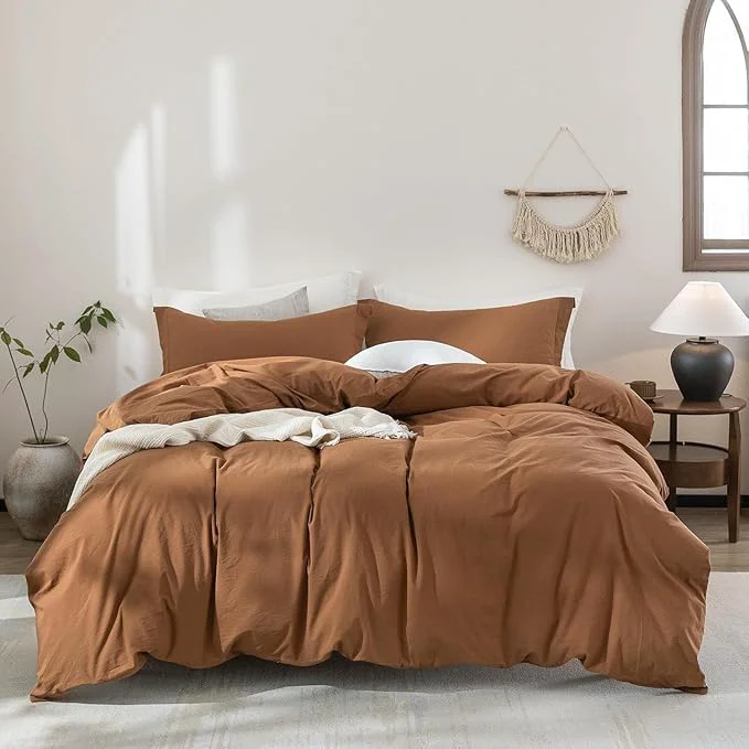 Fine Washed Cotton Dark Orange Duvet Cover Oversize Queen Size Bedding Set Cover 1 Duvet Cover with Zipper Closure Plus 2 Pillowcases 98inch x 98inch User-Friendly