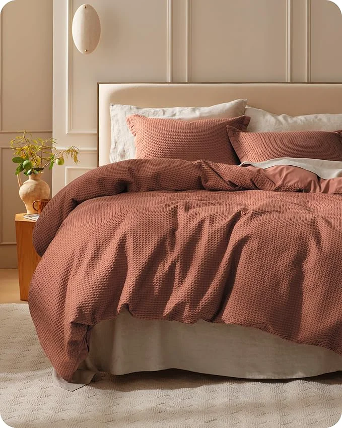 High-End Bedsure Cotton Duvet Cover King – Cotton Waffle Weave Burnt Orange Duvet Cover King Size GentleSoft™ and Breathable Bedding Set for All Season 3 Pieces 104 quot x90 quot User-Friendly