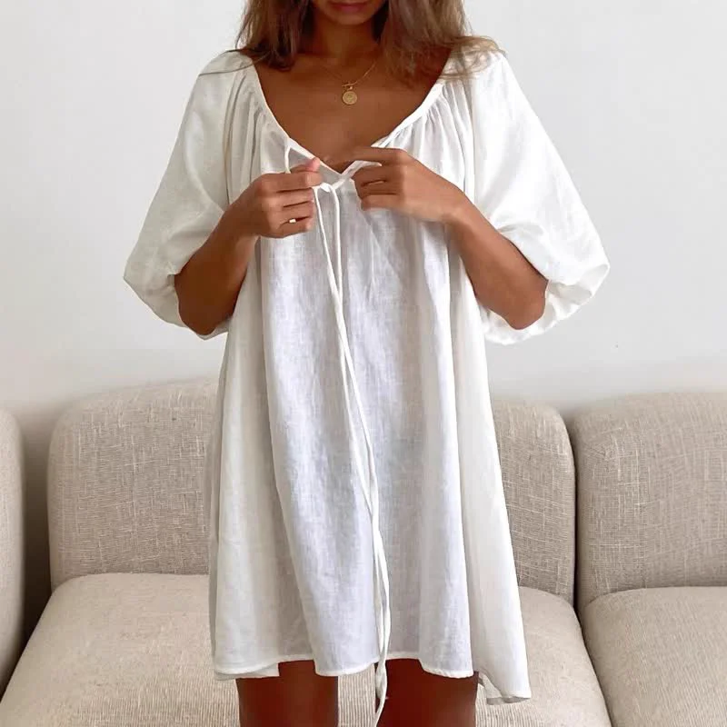 Dependable Ownkoti White Cotton Tie Neck Loungewear Dress Prestigious