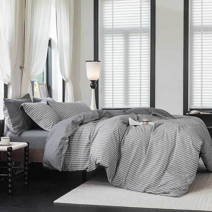 Trendy Reversible Duvet Cover Set Washed Cotton Dark Grey Pinstripe Linen Feel Duvet Cover King Size with Zipper Closure amp 2 Pillow Shams Dark Grey White Pinstripe Reverse Solid Dark Grey Convenient