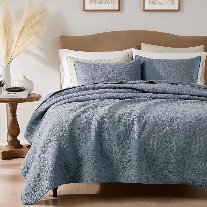 Quality PALASSIO Dusty Blue Paisley Cotton Quilt Queen Size Bedding Set with 2 Pillow Shams Boho Floral Lightweight Farmhouse Country Vintage Soft Bedspread Shabby Chic Coverlet for All Season 3 Pieces High-Performance