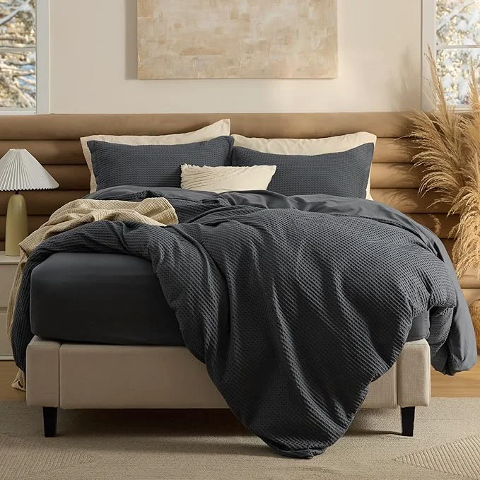 Sophisticated Bedsure Cotton Duvet Cover Queen Size with Fitted Sheet – 4 Pieces Charcoal Waffle Weave Bedding Set GentleSoft™ and Breathable Includes 1 Duvet Cover 90×90 1 Fitted Sheet 2 Pillow Shams Casual