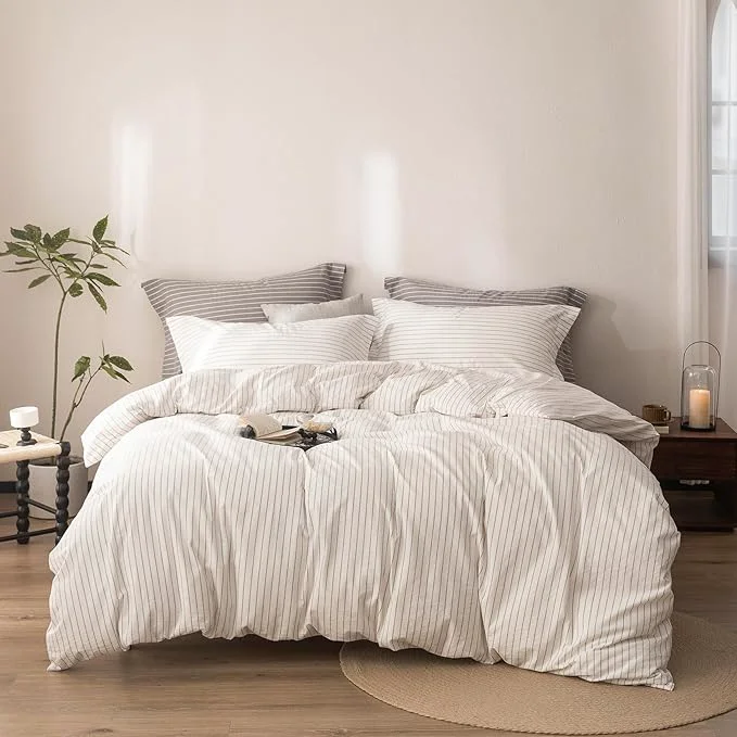 Relaxed Stripe Duvet Cover Queen Size 90inch x 90inch Washed Cotton Linen Feel Pinstripe Duvet Cover with Zipper Closure and 2 Pillowcases Color of Off White and Linen Grey Stripe Practical