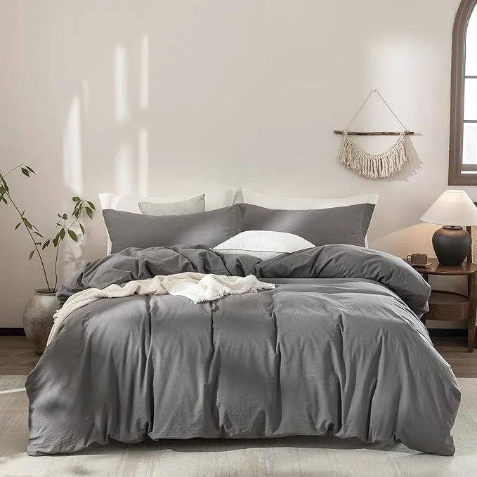 Certified Washed Cotton Duvet Cover Queen Size Dark Grey Bedding Set Cover 1 Duvet Cover with Zipper Closure and 2 Pillowcases 90inch x 90inch High-Quality