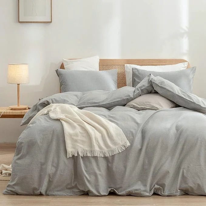 Elite OUCH Duvet Cover Set Washed Cotton Linen Feel Super Soft Comfortable Chic Lightweight 3 PCs Home Bedding Set Solid Light Grey Oversized Full Modern