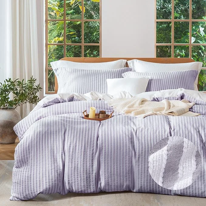 Consistent MILDLY Purple Striped Duvet Cover – Washed Cotton Jacquard Boho Textured Comforter Cover 3pcs with Corner Ties Zipper Closure 104 quot x90 quot Secure