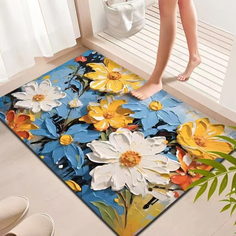 High-End Ownkoti Vibrant Impressionist Floral Bathroom Rug Convenient