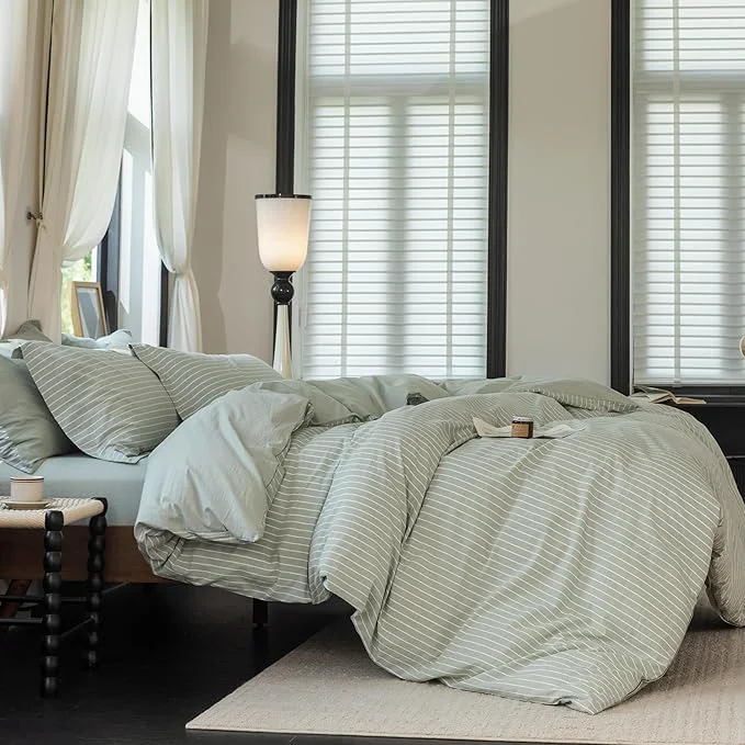 Practical Reversible Duvet Cover Set Washed Cotton Green Stripe Linen Feel Duvet Cover Twin Size with Zipper Closure amp 2 Pillow Shams Celadon Green White Stripe Reverse Solid Celadon Green Superior