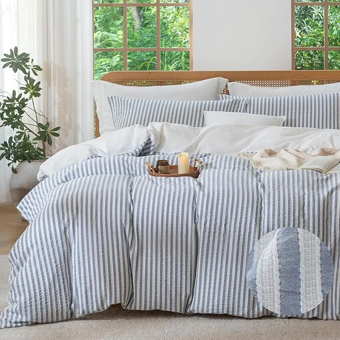 Practical MILDLY Blue Striped Duvet Cover – Washed Cotton Jacquard Boho Textured Comforter Cover 2pcs with Zipper Closure 68 quot x90 quot Contemporary