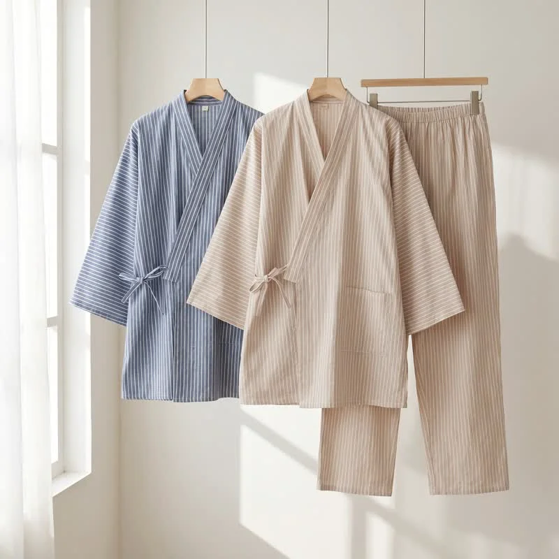 Luxury Ownkoti Unisex Striped Cotton Gauze Kimono Pajamas Convenient