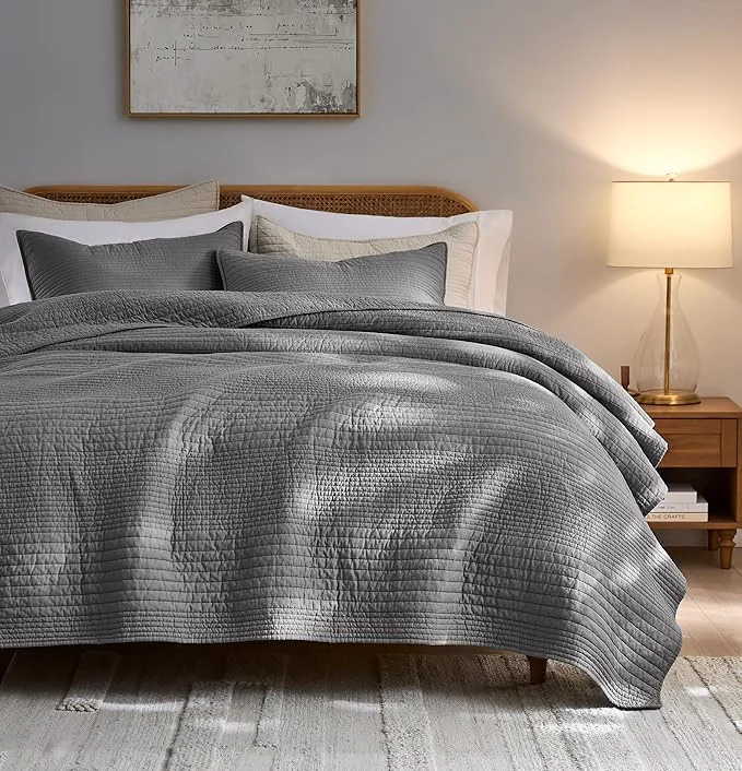Convenient palassio Striped Dark Grey Cotton Quilt Twin Size Bedding Sets Lightweight Crinkly Channel Pick Stitch Textured Bedspread Soft Shabby Chic Farmhouse Country Coverlet for All Season 1 Sham Selected