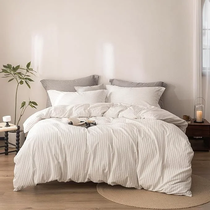 Modern Stripe Duvet Cover Twin Size 90inch x 68inch Washed Cotton Linen Feel Duvet Cover with Zipper Closure and One Pillowcases Color of Off White-Linen Grey Stripe High-Performance