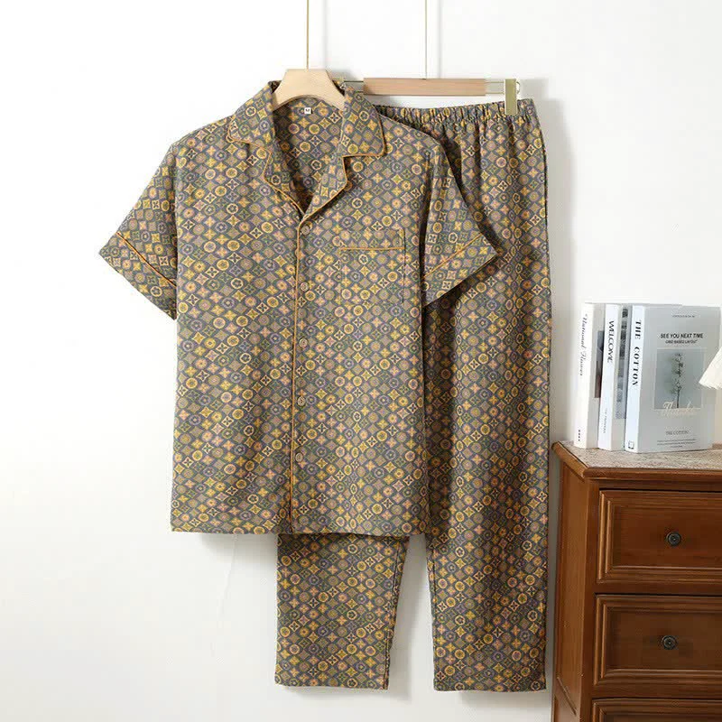 Solid Ownkoti Unisex Vintage Geometric Cotton Loungewear Set High-Grade
