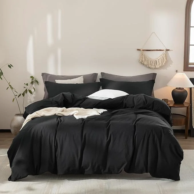 Powerful Black Duvet Cover Oversized King Size Washed Cotton Bedding Set Cover 1 Duvet Cover with Zipper Closure and 2 Pillowcases 120inch x 98inch Reusable