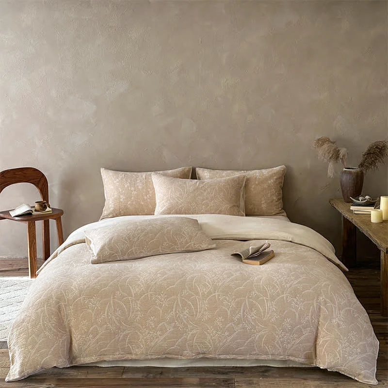 Relaxed Ownkoti Beige Botanical Jacquard Cotton Bedding Set Long-Lasting