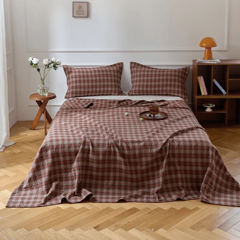 High-Grade Ownkoti Retro Earth-Tone Plaid Cotton Bedding Set Efficient