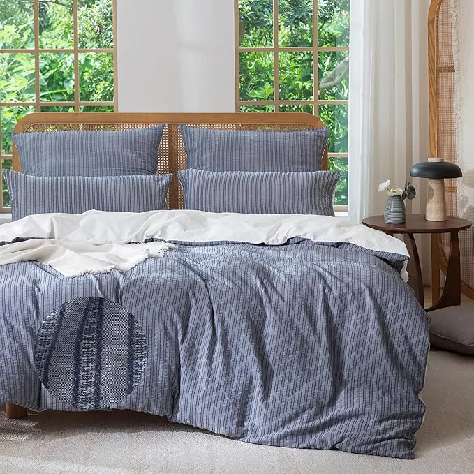 Verified MILDLY Jacquard Stripe Duvet Cover – Navy Blue Washed Cotton Boho Textured Comforter Cover Set with Zipper Closure 104 quot x90 quot Expertly Made