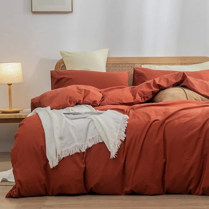 OUCH Duvet Cover Set Washed Cotton Linen Feel Super Soft Comfortable Chic Lightweight 3 PCs Home Bedding Set Solid Burnt Brick Red Full Double