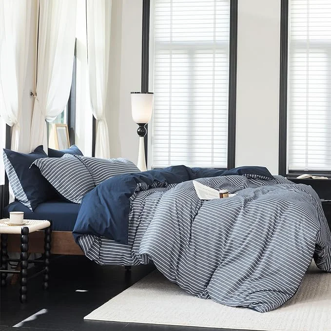 Superior Reversible Duvet Cover Set Washed Cotton Blue Stripe Linen Feel Duvet Cover Oversized Queen Size with Zipper Closure amp 2 Pillow Shams Navy White Stripe Reverse Solid Navy Artisan