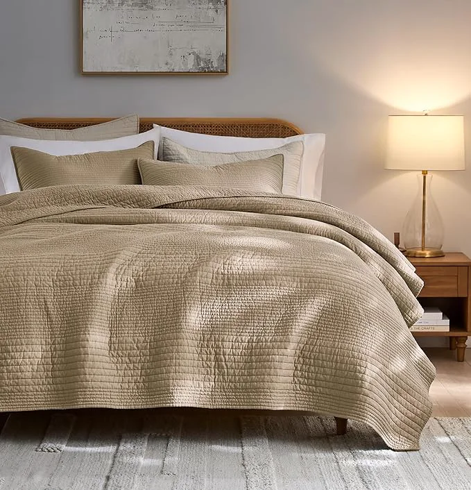 Relaxed PALASSIO Striped Dark Beige Cotton Quilt California Cal King Size Bedding Set Oversized Lightweight Channel Pick Stitch Textured Bedspread Soft Farmhouse Country Coverlet for All Season 2 Shams Original Design