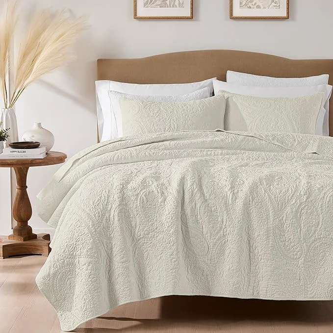 Clean palassio Beige Paisley Cotton Quilt Twin Size Bedding Sets with 1 Pillow Sham Boho Floral Lightweight Farmhouse Country Vintage Soft Bedspread Shabby Chic Coverlet for All Season 2 Pieces Healthy