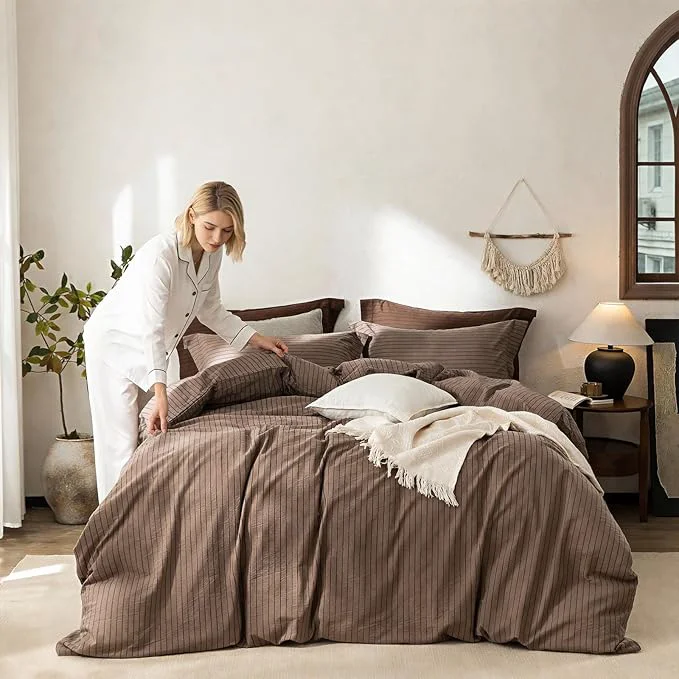 High-End Stripe Duvet Cover Queen Size 90inch x 90inch Washed Cotton Pinstripe Duvet Cover with Zipper Closure and 2 Pillowcases Color of Light Brown-Black Stripe Traditional