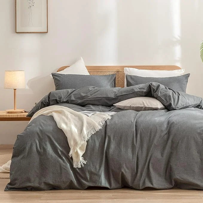 Sustainable OUCH Duvet Cover Set Washed Cotton Linen Feel Super Soft Comfortable Chic Lightweight 3 PCs Home Bedding Set Solid Dark Grey King Eco-Friendly