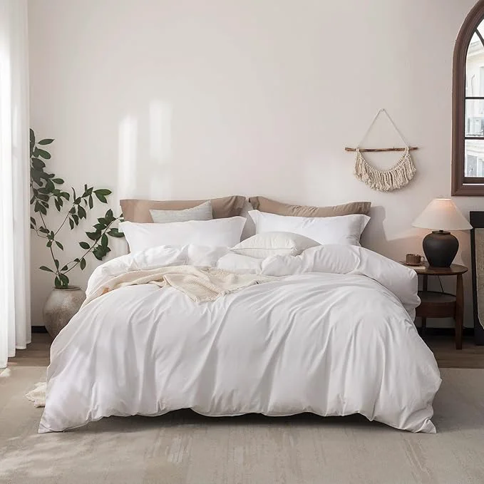 High-Grade Linen Feel Duvet Cover King Size 104inch x 90inch Washed Cotton Duvet Cover with Zipper Closure and 2 Pillowcases Color of Bright White High-End