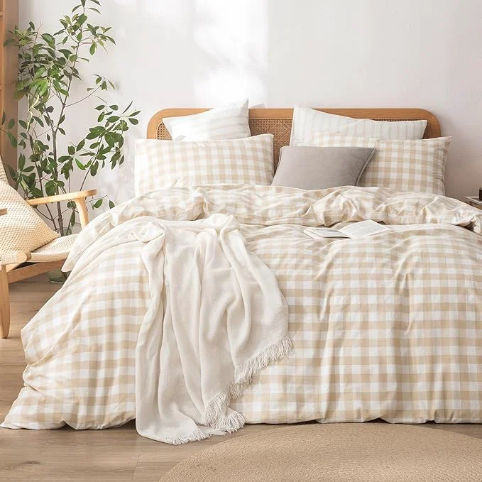 High-Grade OUCH Duvet Cover Set Washed Cotton Linen Feel Super Soft Comfortable Chic Lightweight 3 PCs Home Bedding Set Almond Grey amp White Grid Queen Reliable