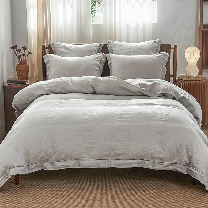 Sustainable Simple amp Opulence Linen Duvet Cover Set with Embroidery Border Washed – 3 Pieces 1 Duvet Cover with 2 Pillow Shams with Button Closure Soft Breathable Farmhouse – Light Grey Full Size User-Friendly