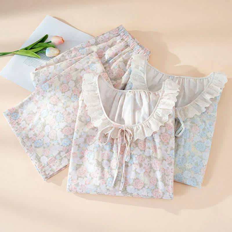 Effective Ownkoti Rustic Floral Cotton Gauze Ruffle Pajamas Premium Material