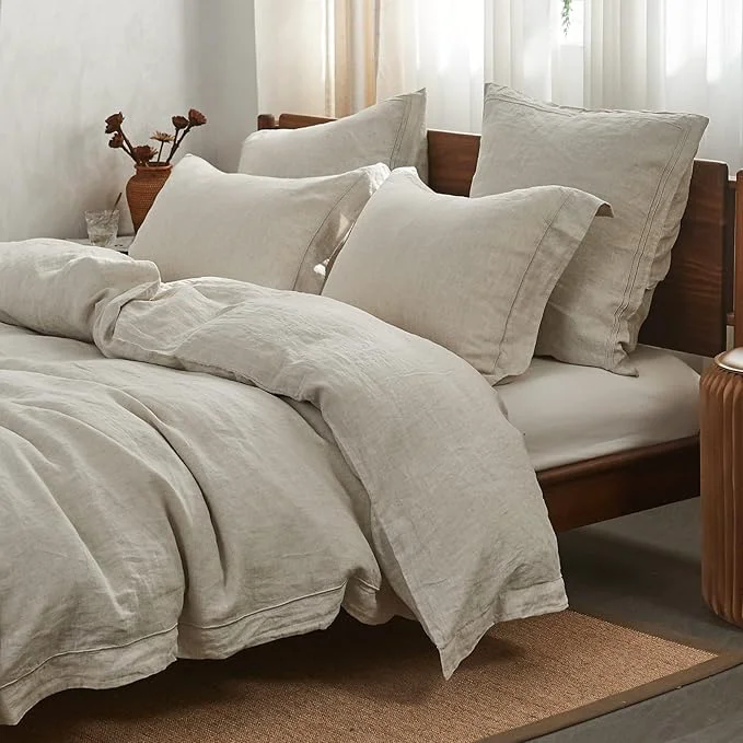 Sustainable Simple amp Opulence Linen Duvet Cover Set with Embroidery Border Washed – 3 Pieces 1 Duvet Cover with 2 Pillow Shams with Button Closure Soft Breathable Farmhouse – Linen Queen Size Secure
