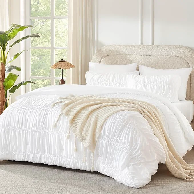Andency Ruched White King Size Comforter Set Shabby Chic Pleated Bedding Sets 3 Pieces Lightweight Soft Boho Ruffle Bed Set for Girls Kids Women All Season Clean