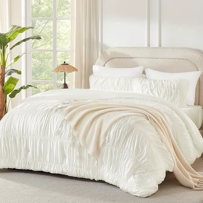 Artisan Andency Ruched Ivory Twin Size Comforter Sets Shabby Chic Pleated Bedding Sets 2 Pieces Lightweight Soft Boho Ruffle Bed Set for Girls Kids Women All Season Carefully Designed
