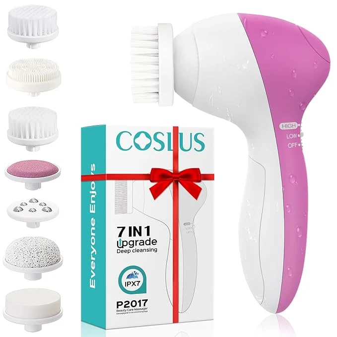 Sophisticated COSLUS Facial Cleansing Brush Silicone Face Scrubber 7 in 1 FBS-D Electric Recyclable
