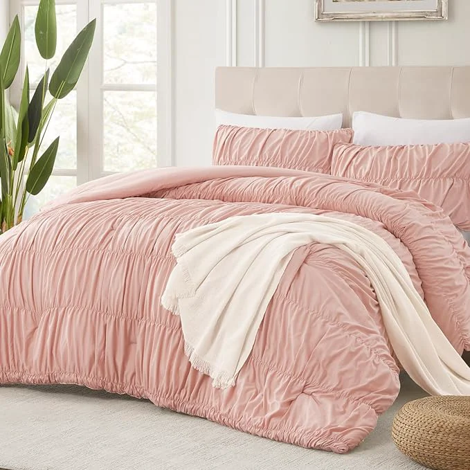 Modern Andency Ruched Blush Pink Twin Size Comforter Sets Shabby Chic Pleated Bedding Sets 2 Pieces Lightweight Soft Boho Ruffle Bed Set for Girls Kids Women All Season Responsible
